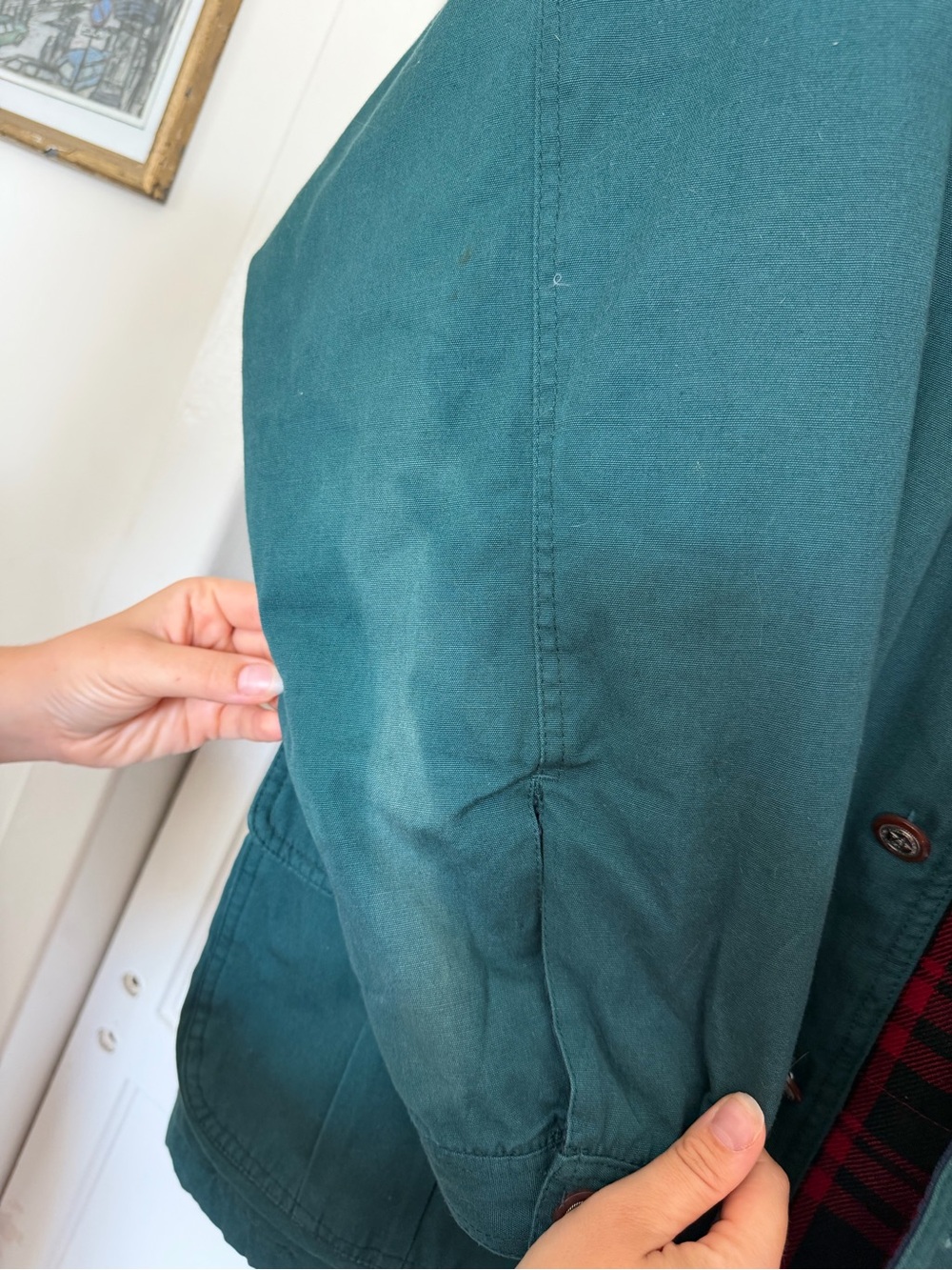 Vintage Free Country Green Barn Coat Chore Jacket Plaid Lined Men’s Medium - Picture 7 of 9